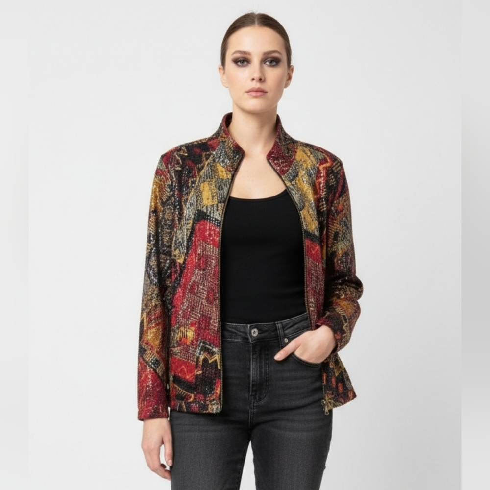 Ruby Rd. Jacket Bomber Snakeskin Flat Sequin Zip Grunge Punk Glam 16W